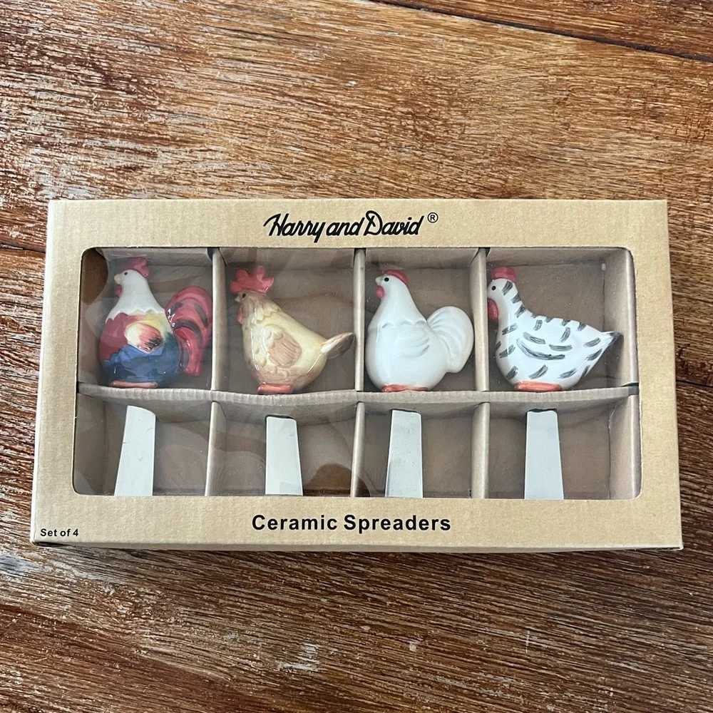 Harry & David Colorful Ceramic Chicken Spreaders, Boxed Set of Four, rare NWT